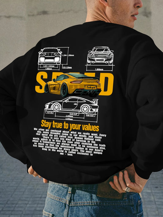 1pc Men'S Fashion Creative Racing Car Print Long Sleeve Loose Fit Crew Neck Sweatshirt, Casual Polyester Knit Fabric with Slight Stretch, Car Patterned Pullover for Commuting