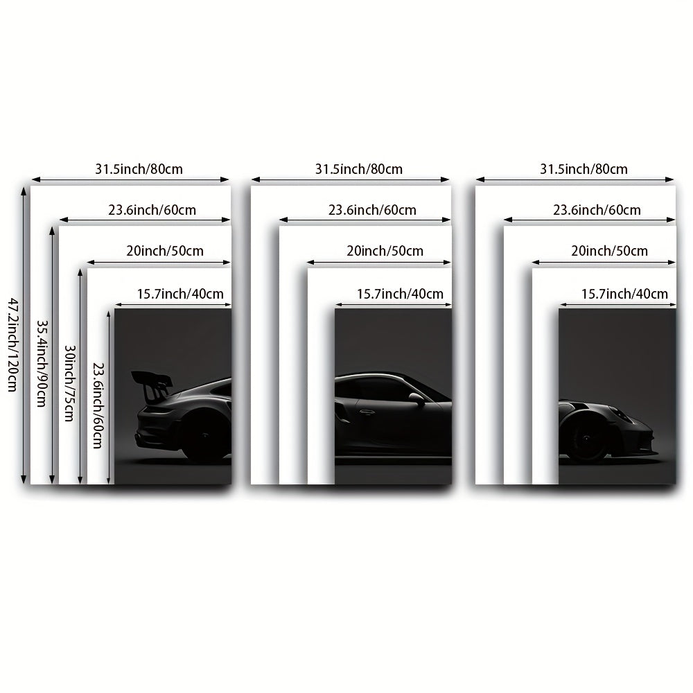 3-delige Frameless Canvas Wanddecoratie – Sportwagen Monochrome