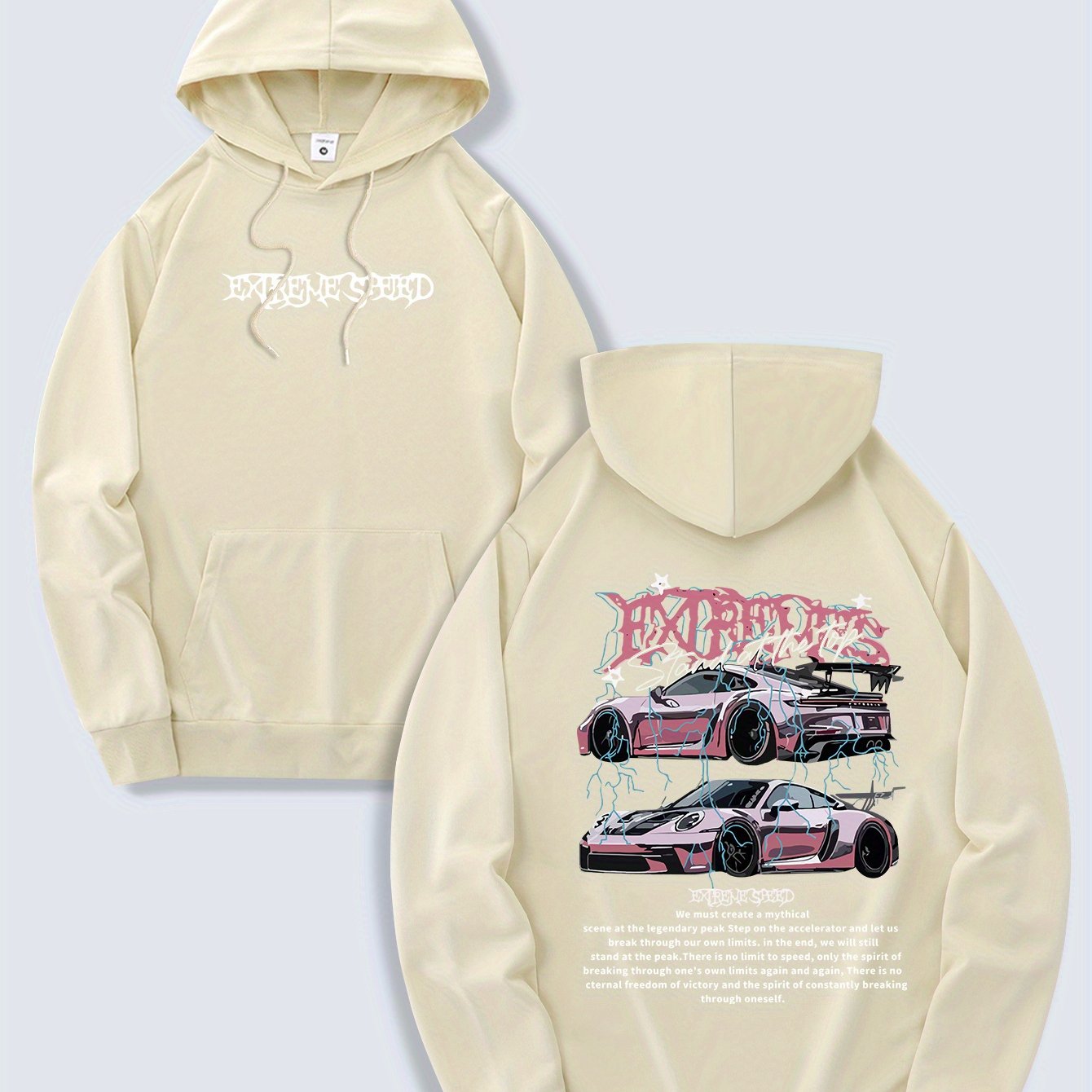 Men's Fashion Hoodie, Spring/Autumn Thin Pullover, Casual Drawstring Hooded Sweatshirt with Kangaroo Pocket, Letter Car Print, Polyester Knit Fabric, Regular Fit, All Seasons, Men's Streetwear