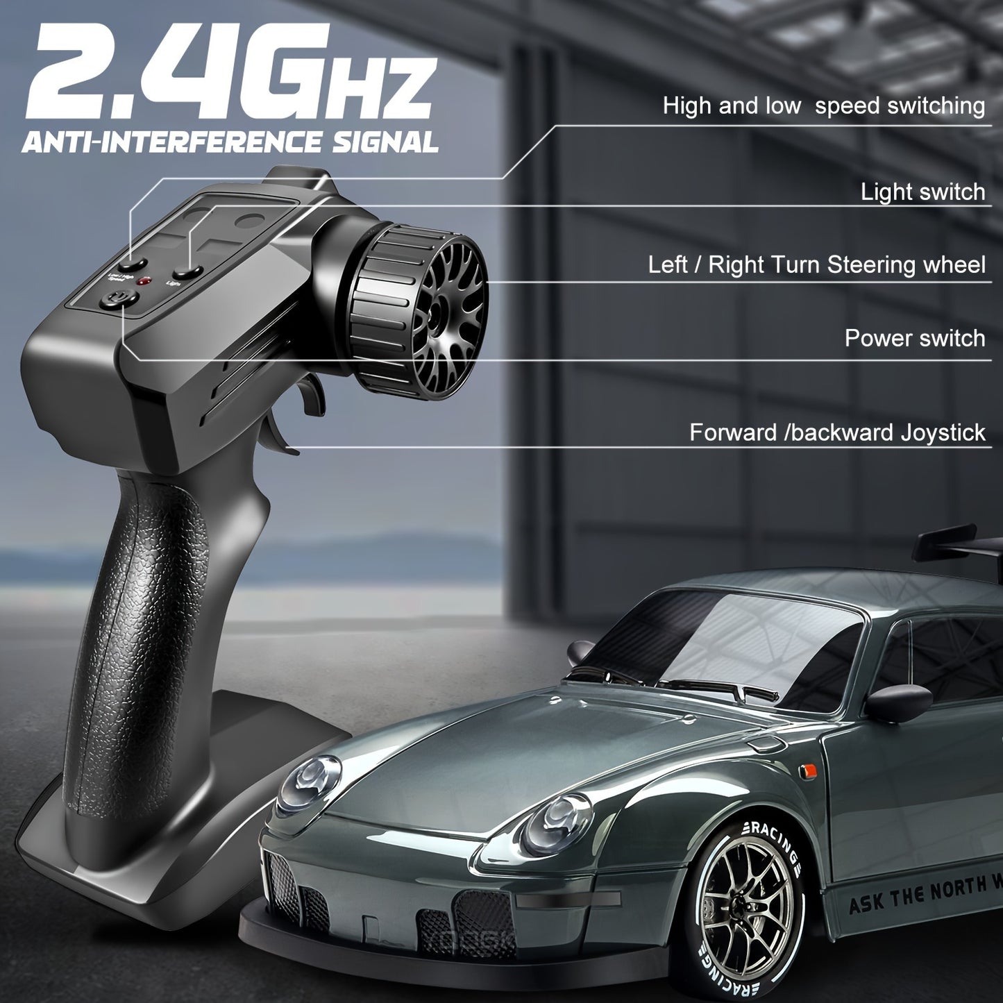 1:24 Scale Drift Car Remote Control Toy, 2.4GHz 4WD with Flashing Lights, Tires & Roadblock Tools, USB Rechargeable Lithium Battery, Push Button Control, Ideal Gift for Boys & Girls - Birthday, Halloween, Christmas