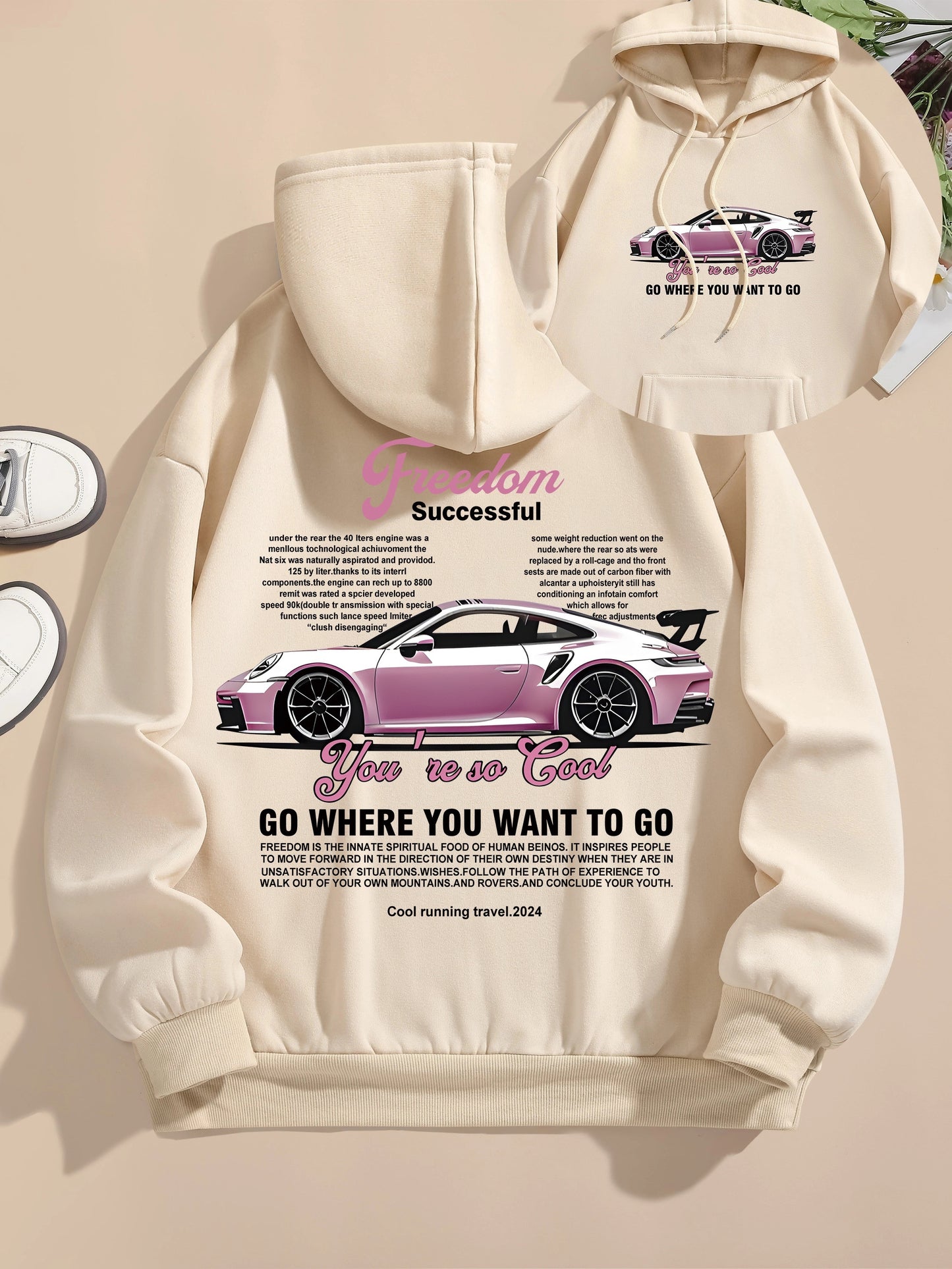 Men's Casual Polyester Hoodie with Car Print, 100% Knit Fabric, Drawstring Hooded Sweatshirt, All-Season Freedom Graphic Pullover